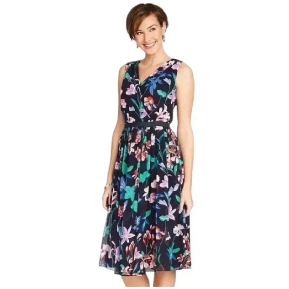 TALBOTS Navy Floral Pleated Chiffon Surplice Neckline Sleeveless Dress Size 10P